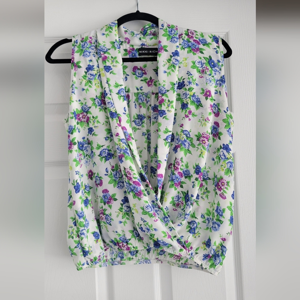 Niki Rich Floral Wrap Top - White, Green, and Purple Size Medium